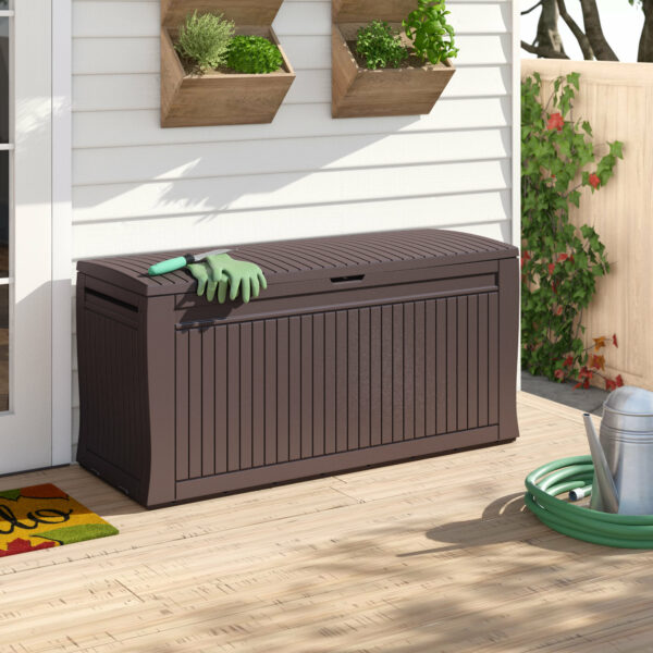 กล่องเก็บของกลางแจ้ง นั่งได้ ในสวนนอกบ้าน พลาสติกพรีเมี่ยม Comfy Deck Box จากยุโรป แข็งแรง กันแดดฝน Keter by จัดบ้าน
